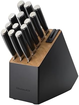 KitchenAid Gourmet 14-Piece Forged Stainless Steel Knife Block Set with Built-In Sharpener, High-Carbon Japanese Steel Knives, Two-Tone Black Finish