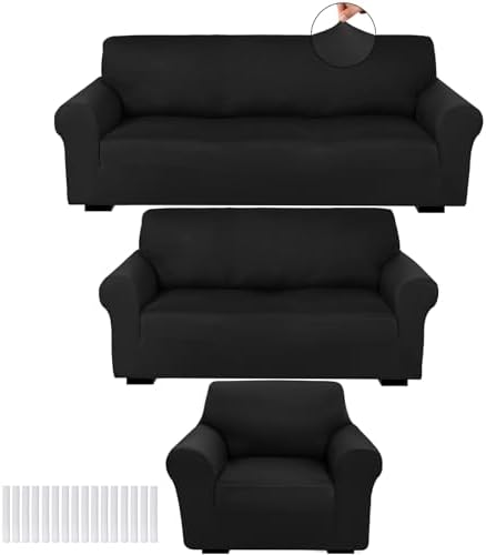 Peryiter 3 Pcs Slipcover Set for Couch Furniture Covers for Sofa Loveseat Couch Arm Chair, Form Fit Stretch, Wrinkle Free, Furniture Protector(Black,Milk Silk Spandex)