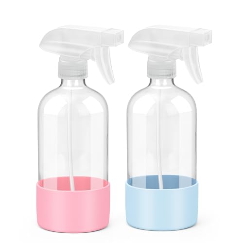 Glass Spray Bottle with Silicone Sleeve Protection, Empty Clear Bottle Set for Non-toxic Window Cleaners Aromatherapy Facial Hydration Watering Flowers Hair Care (Blue & Pink)