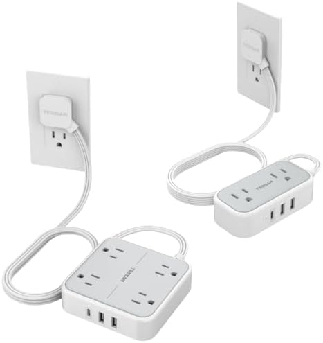 Flat Plug Power Strip Bundle, TESSAN 5 ft Ultra Thin Extension Cord with USB Wall Charger, Slim Desk Charging Station Compact for Travel, Cruise Ship, and Dorm Room Essentials