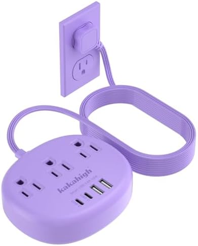Purple Extension Cord - 10 FT Flat Extension Cord, 1625W Cute Extension Cord with 3 AC Outlet 4 USB (24W/4.8A), Compact for Cute Purple Kawaii Lavender Desk Accessories