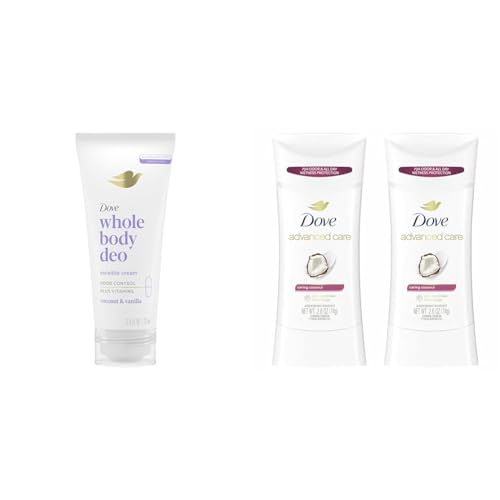 Dove Whole Body Deo Aluminum Free Invisible Cream Deodorant Coconut & Vanilla 72h Odor Control 2.5oz + Dove Advanced Care Antiperspirant Deodorant Stick Caring Coconut Twin Pack 2.6oz