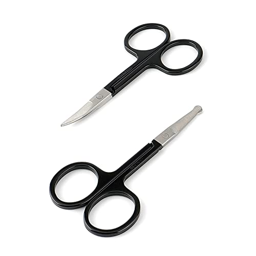 Facial Hair Small Grooming Scissors For Men Women - Eyebrow, Nose Hair, Mustache, Beard, Eyelashes, Ear Trimming Kit - Curved and Rounded Safety Tip Clippers For Hair Cutting- 2PCS Black