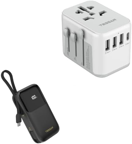TESSAN Universal Travel Adapter, International Power Adapter with 4 USB Ports (1 USB C), Worldwide Plug Adaptor Wall Charger for USA to Europe UK France Germany with Portable Battery Pack