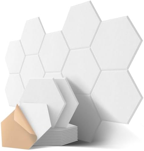 Hexagon Acoustic Panels, Kuchoow Soundproof Wall Panels Self-Adhesive, 12 Pack High Density Sound Absorbing Panels, 12"X10"X0.4" Acoustic Treatment for Recording Studio Office Home, White