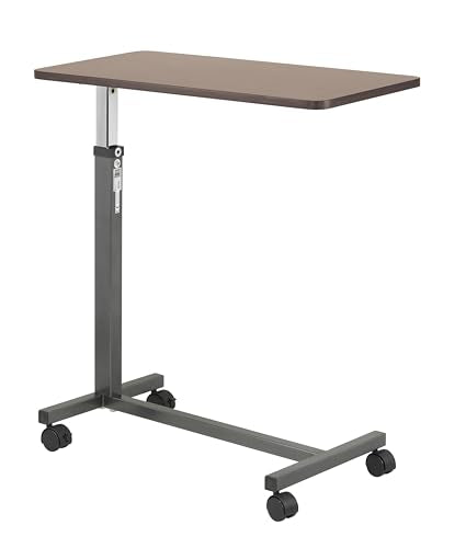 Drive Medical 13067 Adjustable Non Tilt Top Overbed Table With Wheels for Hospital and Home Use, Standing Desk, Walnut