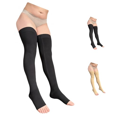 Thigh High 20-30 mmHg Compression Wide Calf Inside Leg Zipper Open Toe (Black, 5X-Large)