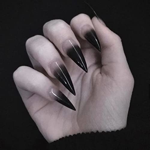 SINHOT Stiletto Press on Nails Extra Long Fake Nails with Glue Glossy False Nails with Black Gradient Designs Full Cover Almond Acrylic Nails 24pcs