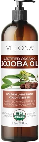 velona Organic Jojoba Oil 8 Fl Oz - 100% Pure, Unrefined Cold Pressed for Face, Hair, Body, Acne Prone Skin Care, Stretch Marks & Cuticles (With Pump)