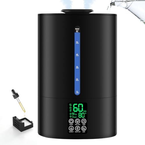6L Humidifiers for Bedroom Large Room Home, Cool and Warm Humidifiers for Baby and Plants Mist Top Fill Desk Humidifiers Essential Oil Diffuser, Quiet with Adjustable Mist,360°Nozzle-Black