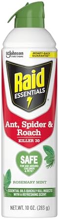 Raid Essentials Ant, Spider & Roach Killer Aerosol Spray, Child & Pet Safe, Kills Insects Quickly, for Indoor Use, Rosemary Mint Scent, 10 fl oz