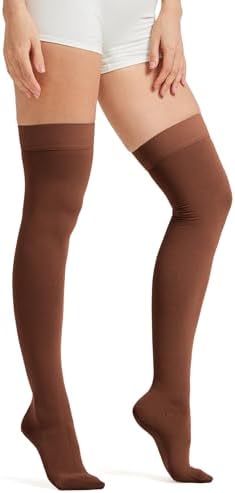 MGANG Medical 15-20 mmHg Compression Stockings for Women & Men, Pair, Thigh High Graduated Compression Socks, Closed Toe, Opaque, Support for Varicose Veins, Edema, DVT, Swelling, Flight, Brown L
