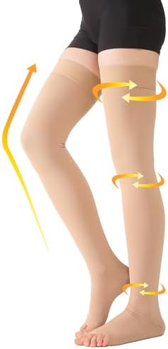MGANG Medical Thigh High Compression Stockings for Men & Women, Pair, Open Toe, 20-30 mmHg Graduated Compression Support Hose, Opaque, Best for Varicose Veins, Edema, Flight, DVT, Swelling, Beige L