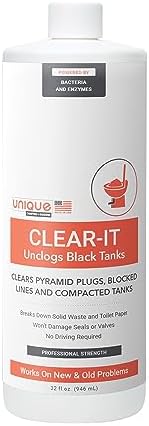 Unique Clear-It RV Black Tank Unclogger Liquid - Breaks Through Pyramid Plugs, Compacted Tanks, and Clogged Pipes (32 oz)