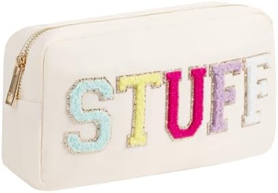 Preppy Stuff Makeup Bag for Purse Medium Glitter Chenille Cosmetic Pouch Travel Toiletry Bag for Women with Zipper Pocket (M, Beige-Stuff)