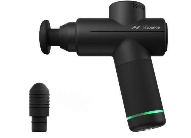 Hypervolt Go 2 in Black - Featuring Quiet Glide Technology - Handheld Percussion Massage Gun | 3 Speeds, 2 Interchangeable Heads | Helps Relieve Sore Muscles and Stiffness