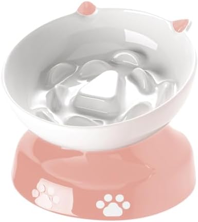 Y YHY Ceramic Slow Feeder Cat Bowl, Elevated Cat Bowl Tilted Design Slow Feeder for Dog and Cat for Dry and Wet Food, Pink