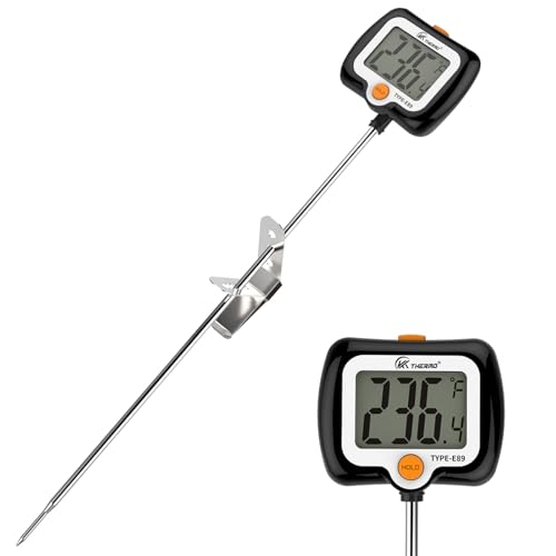 KT THERMO Digital Candy Thermometer, LCD Instant Read Food Meat Thermometer with 10" Probe and Pot Clip for Candy Making, Kitchen Accessories, Baking Tools（Black）