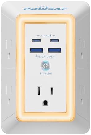 Multi Plug Outlet Surge Protector - POWSAF 5 Outlet Extender with 4 USB Ports(2 USB-C PD 20W) and Night Light, 3-Sided Power Strip with Adapter Spaced Outlets - ETL, White