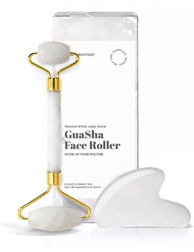 ROSELYNBOUTIQUE Gua Sha Facial Tools & Face Roller for Wrinkless Natural Skincare Tool Jade Roller Guasha Tool for Face (White Jade)