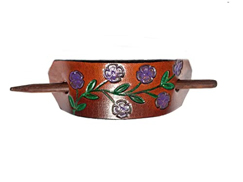 1 LEATHER HAIR BARRETTE, CLIPPED CORNER DESIGN PONYTAIL HOLDER, BRIGHTLY COLORED FLOWERS ON A MEDIUM BROWN BACKGROUND, CHOICE OF 4 GREAT COLORED FLOWERS