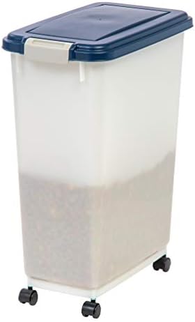 IRIS USA Airtight Dog Food Storage Container, Up to 38 lbs, Attachable Wheels, For Dog Cat Bird and Other Pet Food Storage Bin, Keep Fresh, Easy Mobility, BPA Free, Navy/Pearl