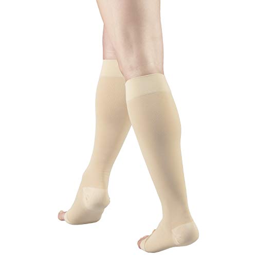 Truform 20-30 mmHg Compression Microfiber Stockings for Men and Women, Knee High Length, Open Toe, Beige, Large