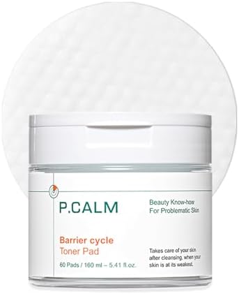 P.CALM Barrier Cycle Toner Pad – 60 Pads with Centella Asiatica & Papaya Extract for Soothing, Moisturizing & Exfoliating, Korean Vegan Facial Toners Pads for Sensitive Skin (160ml / 5.41 fl.oz)
