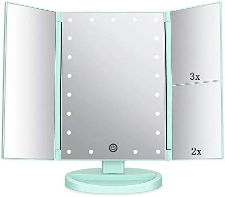 Tri-fold Lighted Vanity Makeup Mirror with 3x/2x Magnification,21 LEDs Light and Touch Screen,180 Degree Free Rotation Countertop Cosmetic Mirror,Travel (Green)