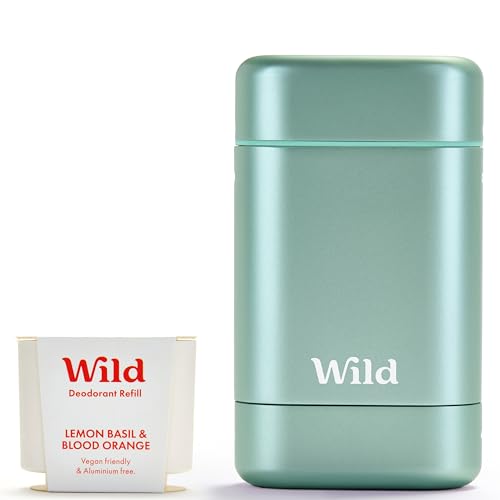 Wild - Refillable Deodorant Starter Kit with Aqua Case and Lemon Basil & Blood Orange Scented Refill 1.4oz - Aluminum Free - Long Lasting Protection - Vegan