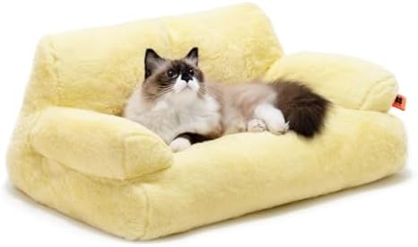 MEWOOFUN Pet Couch Bed, Washable Cat Beds for Medium Small Dogs & Cats up to 25 Lbs, Dog Beds with Non-Slip Bottom, Fluffy Cat Couch, 26×19×13 Inch (Yellow)