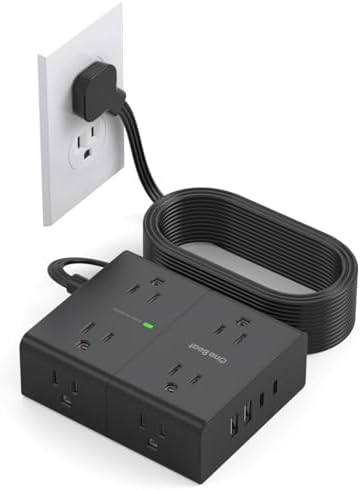 10Ft Extension Cord with Multiple Outlets, Flat Plug Power Strip Surge Protector 10 Ft Long Cord, 8 Outlet 4 USB Ports (2 USB C), Multi Outlet Wall Plug for Office, College, Dorm Room Essentials