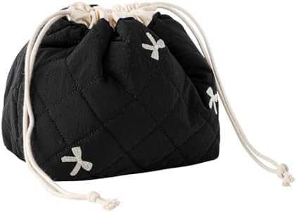 Cotton Quilted Drawstring Makeup Bag with Canvas Lining,Coquette Aesthetic Cute Travel Toiletry Bag,Drawstring Gift Bag for Women and Girls（06Black Bows）