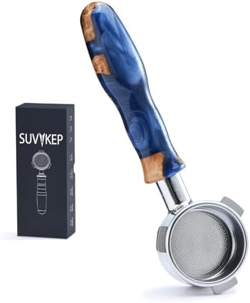 54mm Bottomless Bare Filter, 54mm Bottomless Filter, Personalized Resin Coated Stabilized Wood Handle - Compatible with Breville Coffee Maker, Includes Filter Basket (Blue Handle)