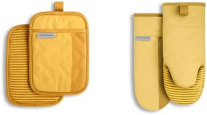 KitchenAid Beacon Two-Tone Non-Slip Pot Holder Set, Majestic Yellow, 7"x10", 2 Piece & Beacon Two-Tone Non-Slip Oven Mitt Set, Majestic Yellow, 5.75"x13", 2 Piece