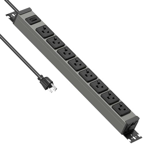 JUNNUJ Heavy Duty Power Strip Wall Mount, 20 Amp Surge Protector 1200J Metal 8 Outlet Under Desk Mounted 20A, Garage Power Bar Table Socket Industrial Outlets 6-20R T-Slot, 6FT 12AWG Extension Cord
