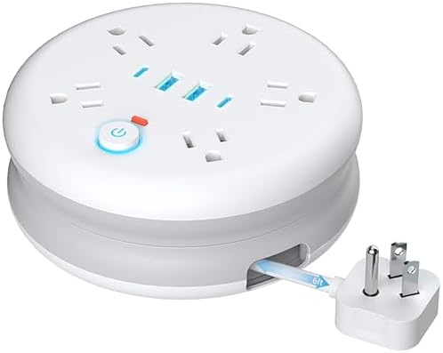 Retractable Travel Power Strip: 6 ft Extension Cord Surge Protector - Portable Powerstrip with 5 Outlet 2 Smart USB Port 2 USB C for Home Office