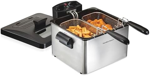 Hamilton Beach Electric Deep Fryer with 2 Baskets and Lid, 4.5 Liters / 19 Cups Oil Capacity, Temperature Control, View Window, Professional Style, 1800 Watts, Stainless Steel (35036)