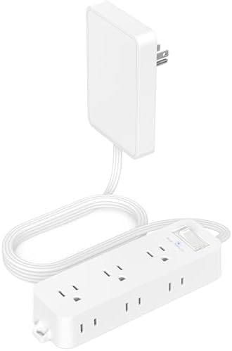 Flat Outlet Extender with Detachable Outlet Cover, Wall Extension Cord with 6 Sockets, Flat Plug Power Strip with 5 FT Cord Hidden for Home, Office, College Dorm, White