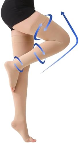Thigh High Compression Stockings Toeless - Unisex, Opaque, KEKING 15-20mmHg Graduated Compression Leg Support Hose with Anti-Slip Silicone Band - Swelling, Varicose Veins, Edema, Travel,Beige 4X-Large