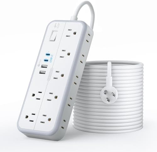 25 FT Long Extension Cord with Multiple Outlets, NTONPOWER 14 Outlets and 4 USB Ports (2 USB C), 1875W 15A, 14 Gauge 3 Prong, 2700J Surge Protector Power Strip, Mountable for Home Office, White