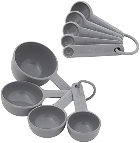 KitchenAid Universal Easy To Read Measuring Cup and Spoon Set with Soft Grip Handle for Maximum Control, Hang Hole and Nesting For Easy Storage, Dishwasher Safe, 9 Piece, Gray