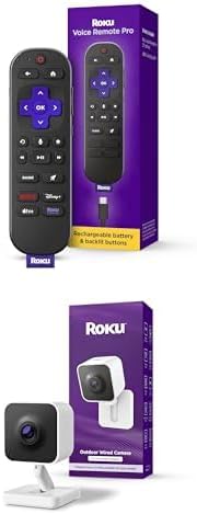 Bundle of Roku Voice Remote Pro | Rechargeable TV Remote Control with Hands-Free Voice Controls + Roku New Outdoor Camera - Home Security - IP65 Weather Resistant Wired Security Camera with 1080p HD