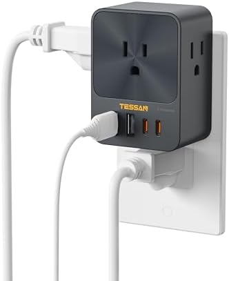 30W Wall Charger, TESSAN Fast Charging Multi Plug Adapter with 3 Outlet Extender Surge Protector, Multiple Plug with 4 USB Block Power Delivery (2 USB C Ports) for Home Office Essentials