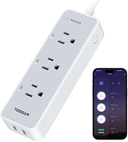 Smart Power Strip Surge Protector 900J, TESSAN WiFi Extension Cord with 3 Individually Remote Controlled Outlets Socket 2 USB, Wall Mountable Timer Smart Plug Compatible with Alexa& Google Home