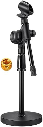 Moukey Mic Stand Desk Adjustable Tabletop Microphone Stand with Non-Slip Mic Clip, Short Table Mic Stand with Gear Fixing, Boom Arm, 3/8" and 5/8" Adapter, MMs-5