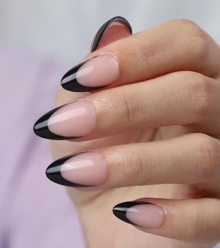 Black French Tip Gel Press On Nails Almond Short 16 Sizes Fake Nails 32Pcs Glossy, Nail Glue Included