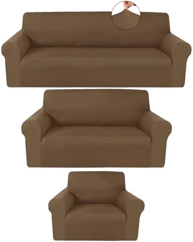 Peryiter 3 Pcs Slipcover Set for Couch Furniture Covers for Sofa Loveseat Couch Arm Chair, Form Fit Stretch, Wrinkle Free, Furniture Protector(Chocolate Color,Milk Silk Spandex)