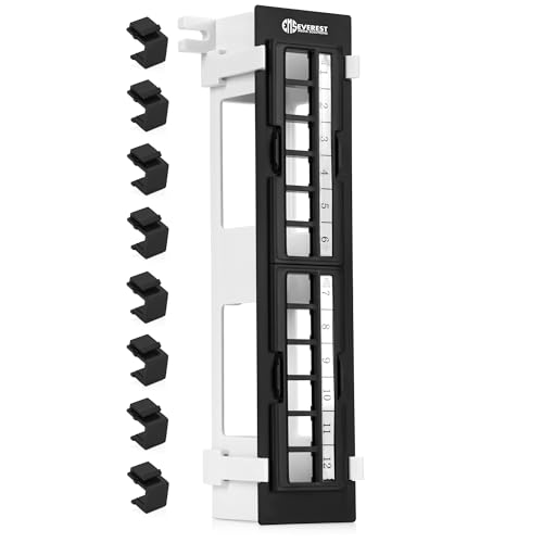 Everest Media 12-Port Keystone Patch Panel (1-Pack) - Removable 6-Port Inserts - with 89D Wall Mount Bracket & Removable Inserts - Vertical/Horizontal Installation - Keystone Patch Panel 12 Port