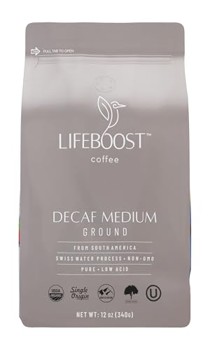 Lifeboost Coffee Medium Roast Swiss Water Decaf Coffee Ground - Low Acid Single Origin USDA Decaf Organic Coffee - Non-GMO Coffee Third Party Tested For Mycotoxins & Pesticides - 12 Ounces